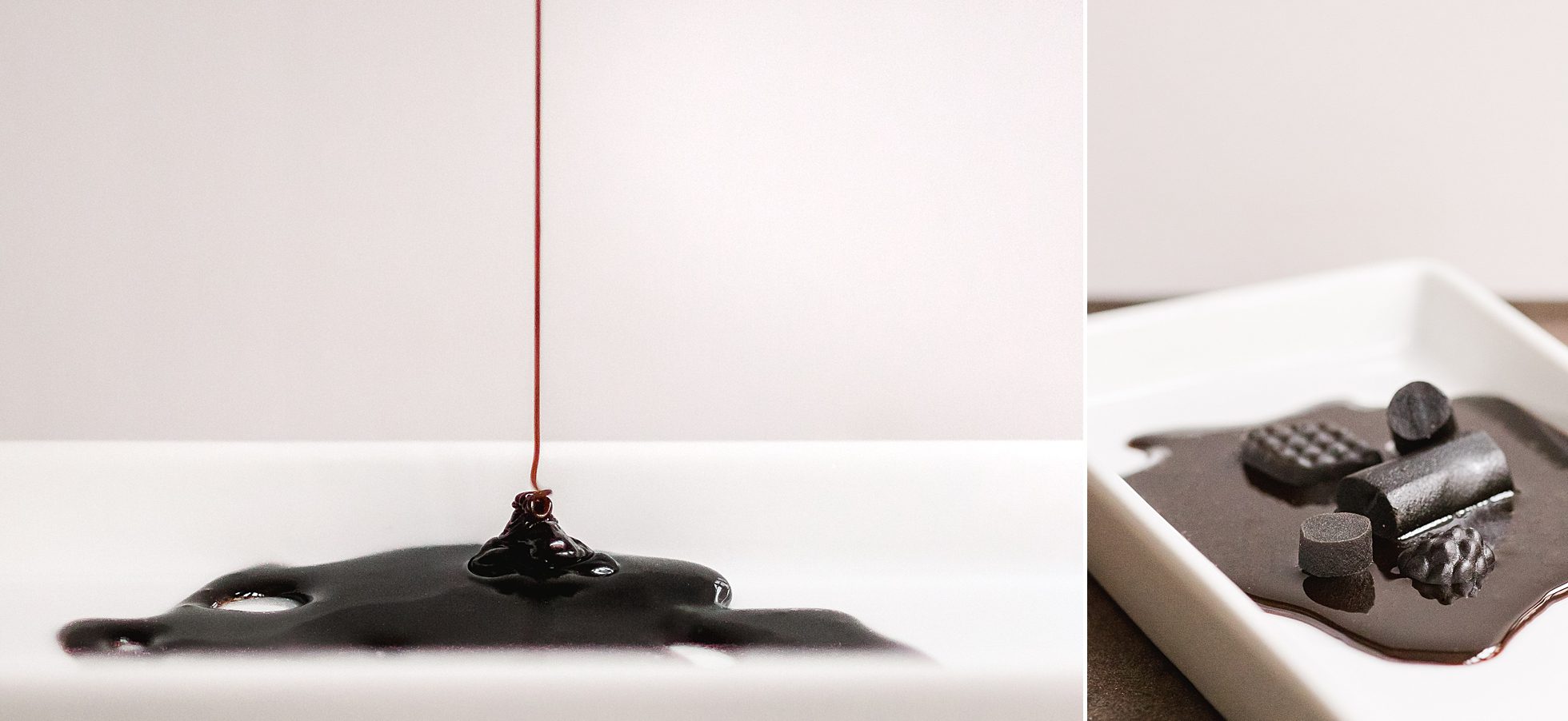 Liquorice syrup drizzled onto a plate and liquorice