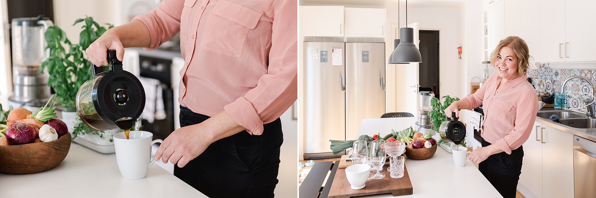 A business woman wearing a pink blouse pouring a cup of coffee